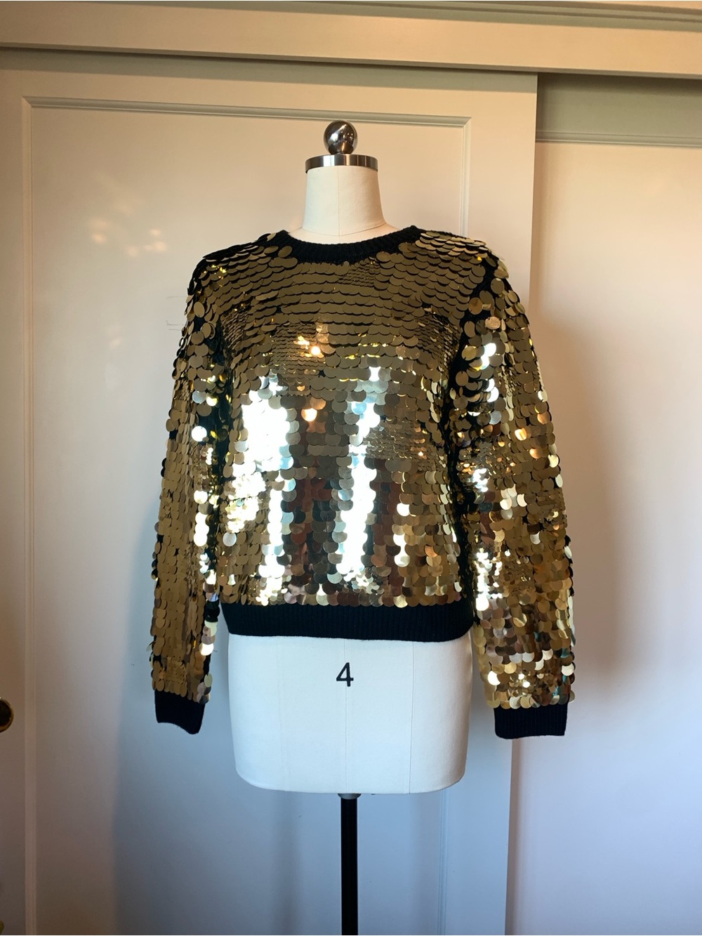 Zara Gold Sequin Crewneck Sweater with Black Trim